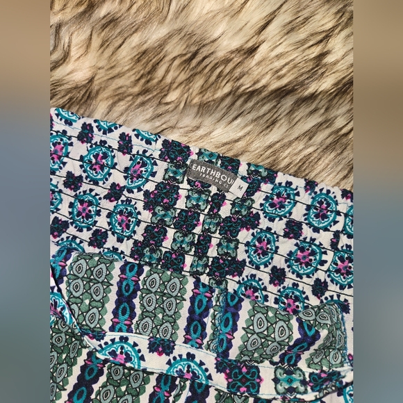 EARTHBOUND Green and Blue Patterned Flare Pants - Picture 3 of 3